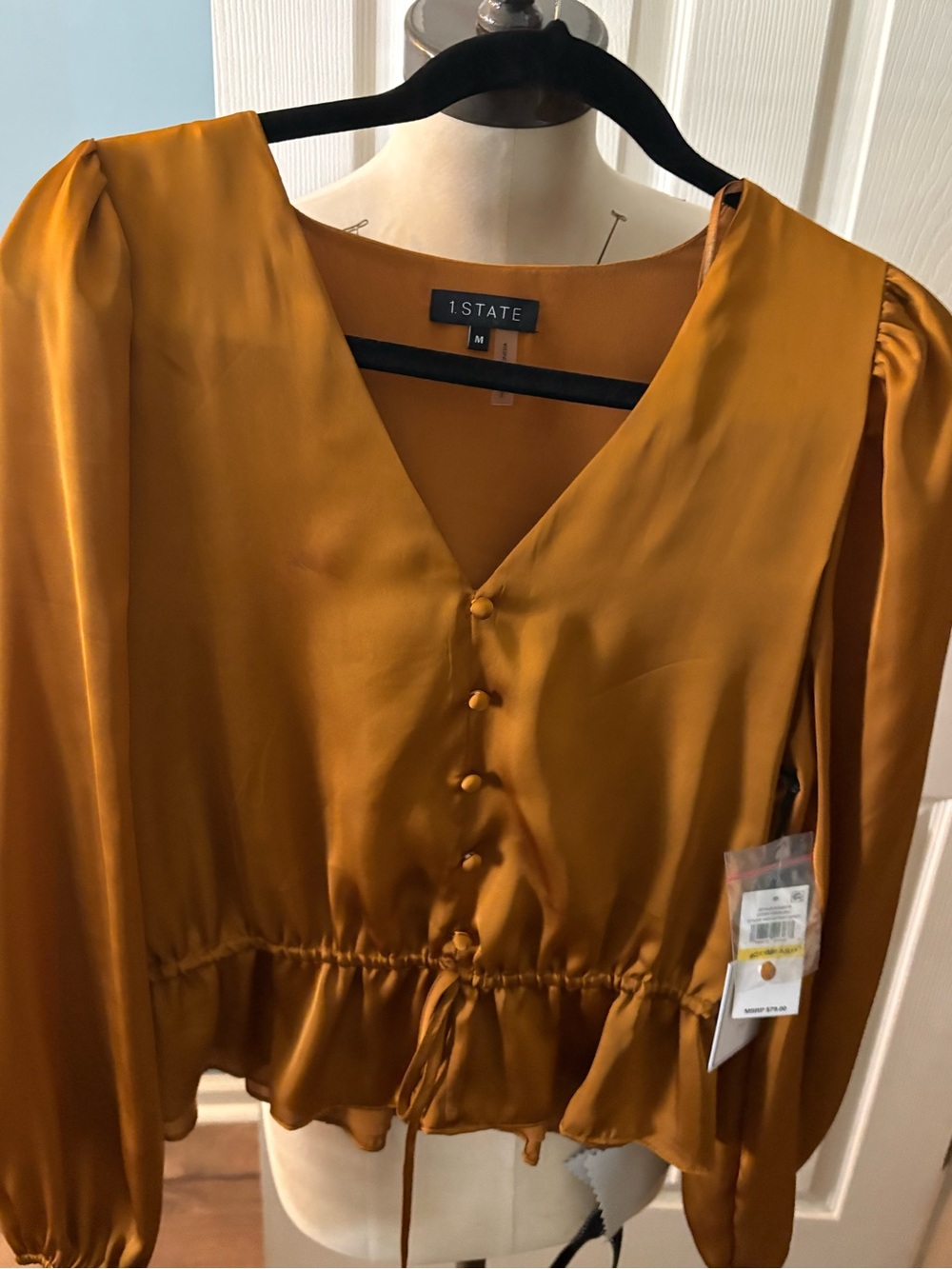1. State Satin V-Neck Button-Front Blouse in Mustard Gold size Medium